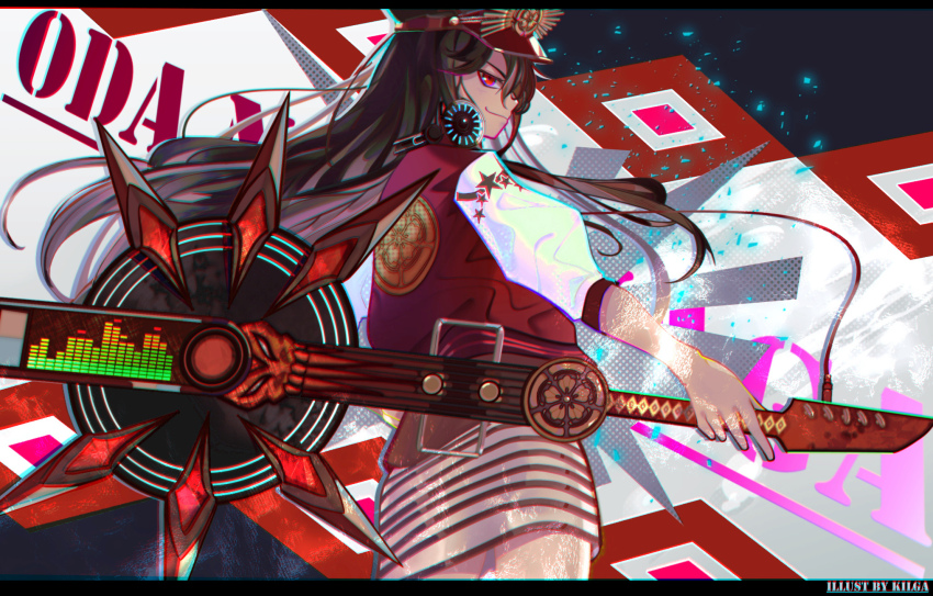 1girl character_name dress fate/grand_order fate_(series) guitar hat headphones highres holding holding_guitar holding_instrument holding_weapon horizontal-striped_dress instrument kilga looking_at_viewer looking_back oda_nobunaga_(fate) oda_nobunaga_(swimsuit_berserker)_(fate) oda_nobunaga_(swimsuit_berserker)_(first_ascension)_(fate) red_eyes star_(symbol) striped_clothes striped_dress unconventional_guitar weapon