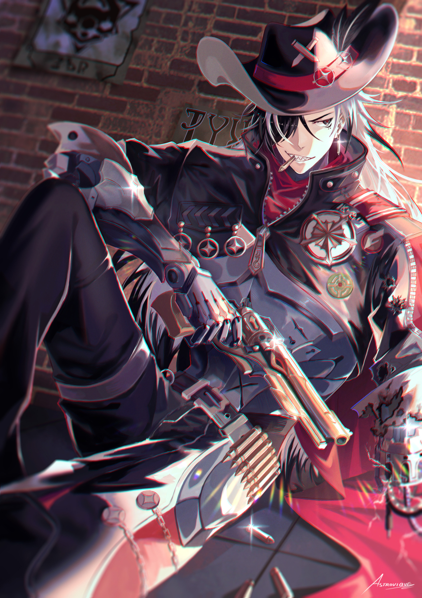 1boy absurdres against_wall astrovique badge black_eyes black_feathers black_hair black_hat black_pants black_shrug boothill_(honkai:_star_rail) brick_wall bullet_in_mouth button_badge chromatic_aberration commentary cowboy_hat crosshair_pupils feathers gun hair_over_one_eye handgun hat hat_feather highres holding holding_gun holding_weapon honkai:_star_rail honkai_(series) knee_up long_hair looking_to_the_side male_focus mechabare mechanical_arms mechanical_hands medallion multicolored_hair pants red_pupils red_scarf revolver scarf sharp_teeth shell_casing shrug_(clothing) signature sitting snubnosed_revolver solo teeth two-tone_hair wanted_poster weapon white_hair