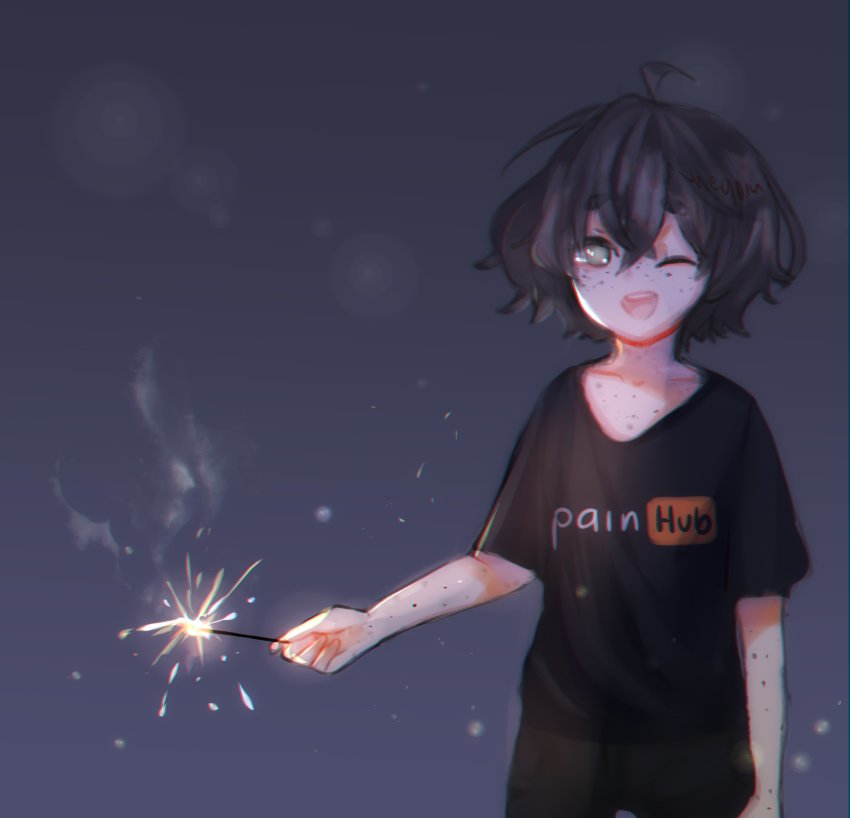 1girl :d absurdres ahoge black_pants black_shirt sophie_(popopoka) body_freckles borrowed_character collarbone commentary fireworks freckles gradient_background grey_background grey_eyes highres holding meme neqo_(neneneqo) one_eye_closed open_mouth original pants pornhub shirt short_hair signature smile solo symbol-only_commentary teeth upper_teeth_only