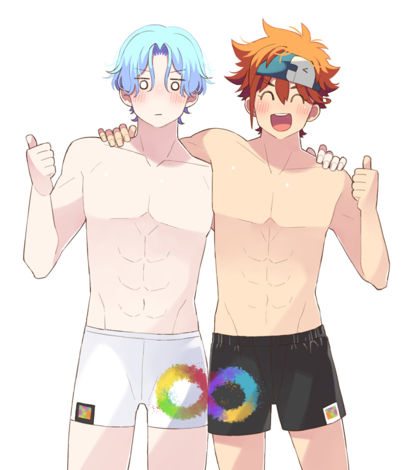 2boys ^_^ black_male_underwear blue_hair closed_eyes closed_mouth hasegawa_langa headband highres kyan_reki male_focus male_underwear multiple_boys o_o open_mouth pale_skin short_hair sk8_the_infinity thumbs_up topless_male underwear uppi white_male_underwear
