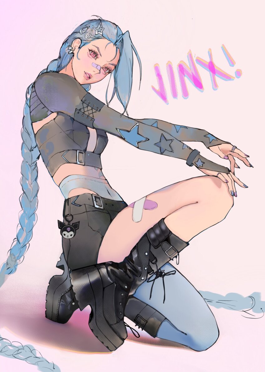 1girl bandaid bandaid_on_face bandaid_on_leg bandaid_on_nose belt black_boots blue_hair blue_pantyhose boots bracelet braid breasts character_charm charm_(object) crop_top hair_ornament hairclip high-waist_panties highres jewelry jinx_(league_of_legends) knee_boots kuromi league_of_legends light_smile long_hair on_one_knee pantyhose sanrio short_shorts shorts single_leg_pantyhose small_breasts star_(symbol) star_hair_ornament sumi_(suumiko_) tattoo unfinished very_long_hair white_background