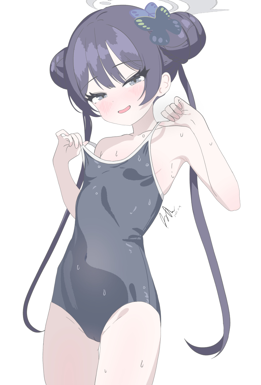 1girl absurdres black_hair black_one-piece_swimsuit blue_archive blush breasts butterfly_hair_ornament competition_school_swimsuit cowboy_shot double_bun grey_eyes grey_halo hair_bun hair_ornament halo highres kisaki_(blue_archive) long_hair looking_at_viewer nose_blush one-piece_swimsuit runarie school_swimsuit simple_background small_breasts smile solo strap_pull swimsuit twintails wet white_background