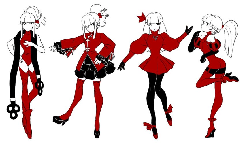 1boy ankle_ribbon ass asymmetrical_eyes bare_shoulders black_footwear black_pantyhose black_scarf boots bow braid china_dress chinese_clothes circle_print crossdressing curvy demi_(dizzyspells) dizzyspells dress dress-up eyelashes feminine frown full_body garter_straps hair_bow hair_down hair_ornament high_heel_boots high_heels layered_dress layered_sleeves leg_ribbon leg_up leotard long_hair long_sleeves looking_at_viewer looking_back looking_to_the_side male_focus multiple_views one-piece_swimsuit original pantyhose parted_lips ponytail puffy_long_sleeves puffy_short_sleeves puffy_sleeves red_dress red_footwear red_thighhighs ribbon scarf short_sleeves sidelocks sleeveless swimsuit symbol thighhighs thighhighs_under_boots thighs trap triangle_print white_background
