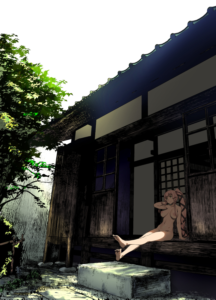 1girl absurdres arm_support barefoot breasts closed_mouth commentary_request completely_nude from_outside highres house kantai_collection large_breasts legs long_hair navel nude outdoors pink_hair ponytail sitting sky smile soles solo takemura_sessyu toes white_sky yellow_eyes yura_(kancolle)