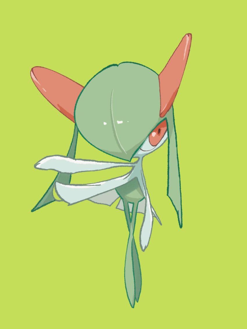 colored_skin gen_3_pokemon green_background green_hair green_skin hair_over_one_eye highres horns kirlia multicolored_skin mxlaghrsuk33yws nintendo no_feet pink_eyes pokemon pokemon_(creature) sidelocks simple_background two-tone_skin white_skin