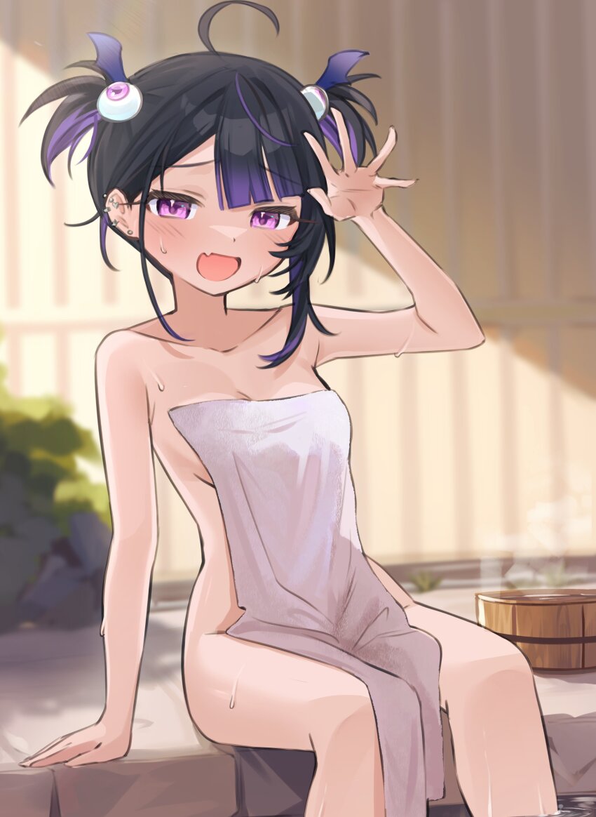 1girl absurdres ahoge bare_shoulders black_hair breasts bucket collarbone colored_inner_hair ear_piercing fang highres chromashift inami_yoki_(artist) looking_at_viewer medium_breasts multicolored_hair naked_towel onsen open_mouth outdoors piercing purple_eyes purple_hair roca_rourin_(vtuber) short_hair sitting skin_fang smile solo towel virtual_youtuber wooden_bucket