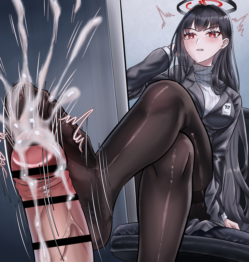 1girl absurdres black_hair blue_archive crossed_legs cum ejaculation feet footjob highres light_blush long_hair maximal_(artist) pantyhose parted_lips red_eyes rio_(blue_archive) soles toes