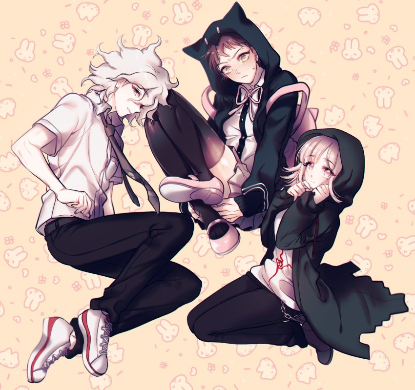 1girl 2boys animal_bag animal_hood backpack bag black_jacket black_pants blush brown_skirt cat_bag cat_hood chain coat collared_shirt commentary_request cosplay danganronpa_(series) danganronpa_2:_goodbye_despair dress_shirt frown green_coat grey_hair gwanlamcha hands_up highres hinata_hajime hinata_hajime_(cosplay) hood hoodie jacket komaeda_nagito komaeda_nagito_(cosplay) messy_hair multiple_boys nanami_chiaki nanami_chiaki_(cosplay) neck_ribbon necktie open_clothes open_coat open_jacket pants parted_lips pink_bag pink_eyes pink_ribbon pink_shoes ribbon school_uniform shirt shoes short_hair short_sleeves skirt smile sneakers sweatdrop thighhighs white_hair white_shirt