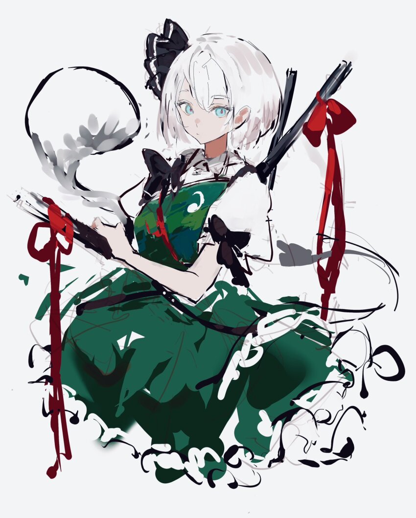 1girl black_bow black_bowtie black_ribbon blue_eyes bow bowtie closed_mouth collared_shirt dress frills green_dress hair_between_eyes hair_ribbon hand_up highres hitodama holding holding_sword holding_weapon katana konpaku_youmu konpaku_youmu_(ghost) looking_at_viewer pinafore_dress po_(anhk5528) puffy_short_sleeves puffy_sleeves red_bow red_ribbon ribbon shirt short_hair short_sleeves simple_background sleeveless sleeveless_dress solo sword touhou weapon weapon_on_back white_background white_hair white_shirt