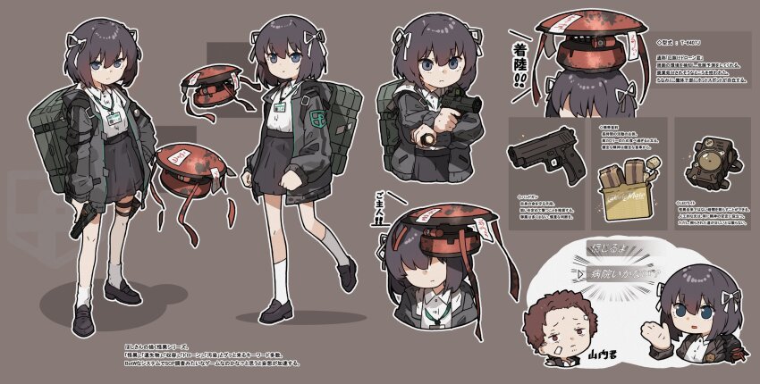 1boy 1girl amonitto backpack bag caloriemate dialogue_options drone flashlight gun hair_ribbon handgun highres holding holding_flashlight lanyard led lost_property_control_organization_(samidare) name_tag protagonist_(lost_property_control_organization) ribbon shirt sig_p220/p226 sig_sauer t-6407j_(samidare) weapon white_ribbon white_shirt yamauchi_youdou_(samidare)
