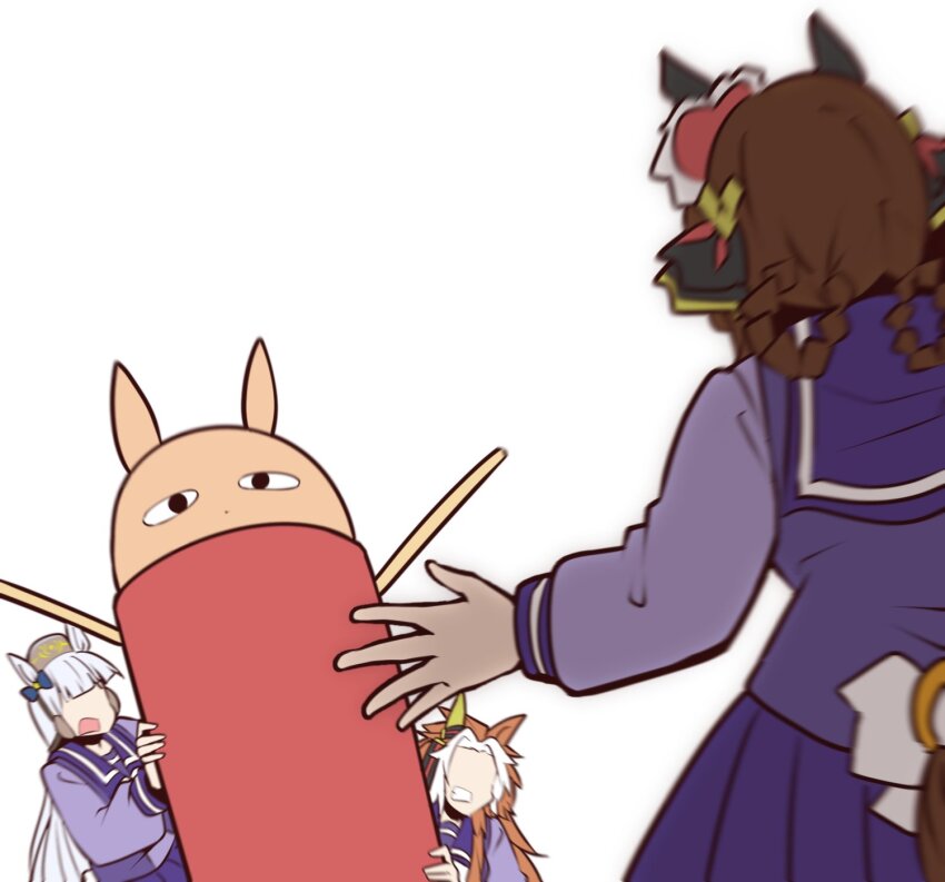 3girls animal_ears back_bow blue_bow blunt_bangs bow braid braided_hair_rings brown_hair brown_hat clenched_teeth clothing_cutout ear_bow ear_covers ear_ornament gentildonna_(umamusume) gintama gold_ship_(umamusume) grey_hair hair_intakes hair_rings hat headgear hiding hiding_behind_another highres horse_ears horse_girl just_a_way_(racehorse) justaway long_sleeves multicolored_hair multiple_girls no_eyes orange_hair orfevre_(umamusume) pillbox_hat purple_sailor_collar purple_shirt sailor_collar sailor_shirt school_uniform shirt simple_background single_ear_cover single_sidelock tail tail_through_clothes teeth tracen_school_uniform two-tone_hair umamusume white_background white_bow white_hair wide_oval_eyes winter_uniform yonedatomo_mizu