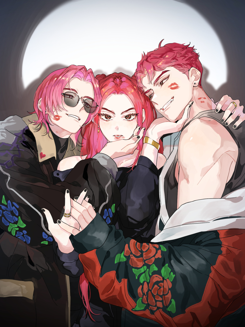 1girl 2boys abby_(kpop_demon_hunters) alternate_costume angry annoyed arms_behind_back bare_shoulders black_nails bracelet brown_eyes clenched_teeth collarbone collared_shirt curly_hair fangs from_above group_sex hand_on_another&#039;s_chin happy head_tilt heads_together hetero highres holding_hands indoors jacket jewelry korean_commentary kpop_demon_hunters leaning_on_person leaning_to_the_side lipstick_mark lipstick_mark_on_face lipstick_mark_on_neck long_hair long_sleeves looking_at_viewer looking_down looking_to_the_side mira_(kpop_demon_hunters) mmf_threesome multiple_boys multiple_rings muscular muscular_male ng_do168 off_shoulder open_clothes open_jacket parted_bangs parted_lips pink_hair red_hair red_lips ring romance_(kpop_demon_hunters) shade shadow shirt short_hair sleeveless smile spotlight standing sunglasses tank_top teeth threesome twintails upper_body wavy_hair