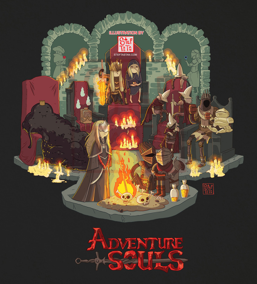 adventure_time armor artist_name beer_mug black_dress blonde_hair boots bottle breastplate brown_footwear candle character_request closed_eyes closed_mouth collar copyright_name covered_eyes crown cup dark_souls_(series) dark_souls_i dress estus_flask fire full_armor hand_on_another&#039;s_shoulder hat highres holding holding_cup holding_sword holding_weapon hood hood_up indoors knee_pads kneeling long_dress long_hair long_sleeves mug own_hands_together shoulder_armor sitting skull slime_(creature) smile standing stef_tastan sword throne watermark weapon web_address