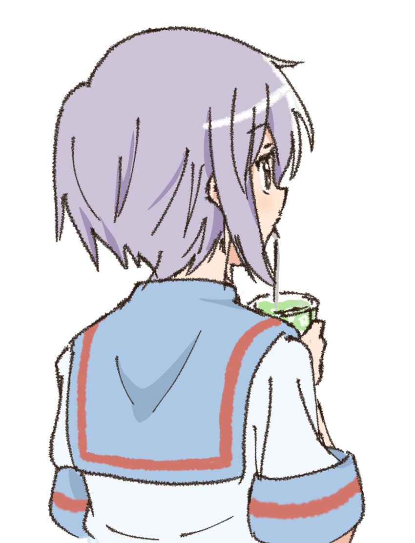 blue_sailor_collar brown_eyes cup drinking drinking_straw highres holding holding_cup kita_high_school_uniform nagato_yuki purple_hair sailor_collar school_uniform short_hair short_sleeves simple_background suzumiya_haruhi_no_yuuutsu upper_body waka_849 white_background