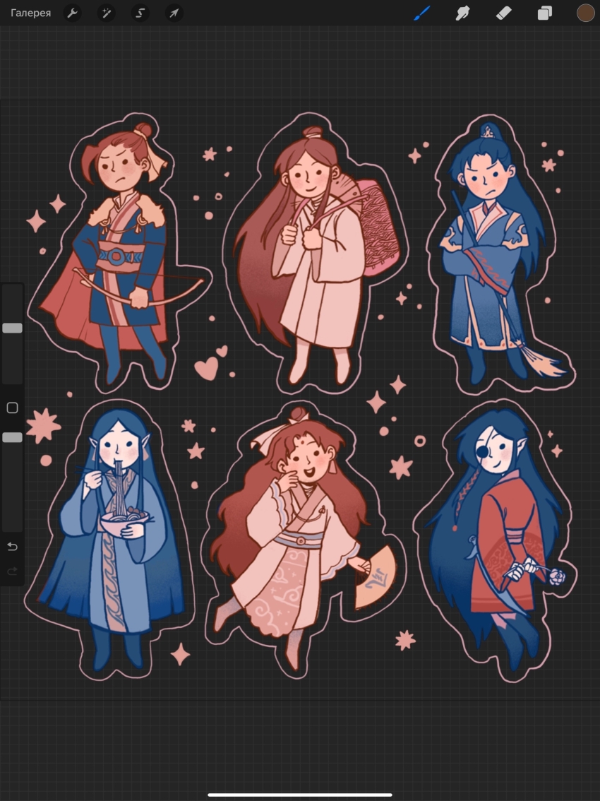 1girl 5boys absurdres armor art_program_in_frame blue_hair blue_hanfu bow_(weapon) broom brown_hair chibi chibi_only chinese_clothes closed_mouth cloud_print eating facial_mark feng_xin food forehead_mark frown full_body hair_bun hand_fan hanfu hat hat_on_back he_xuan highres holding holding_bow_(weapon) holding_fan holding_weapon hua_cheng layered_sleeves long_hair long_sleeves looking_at_viewer mu_qing_(tianguan_cifu) multiple_boys noodles open_mouth outline pale_skin paper_fan pink_outline pointy_ears red_hanfu rice_hat scimitar shi_qingxuan short_over_long_sleeves short_sleeves shoulder_armor single_hair_bun smile solid_circle_eyes sword tianguan_cifu very_long_hair wave_print weapon white_hanfu xie_lian yaroslava_murashko