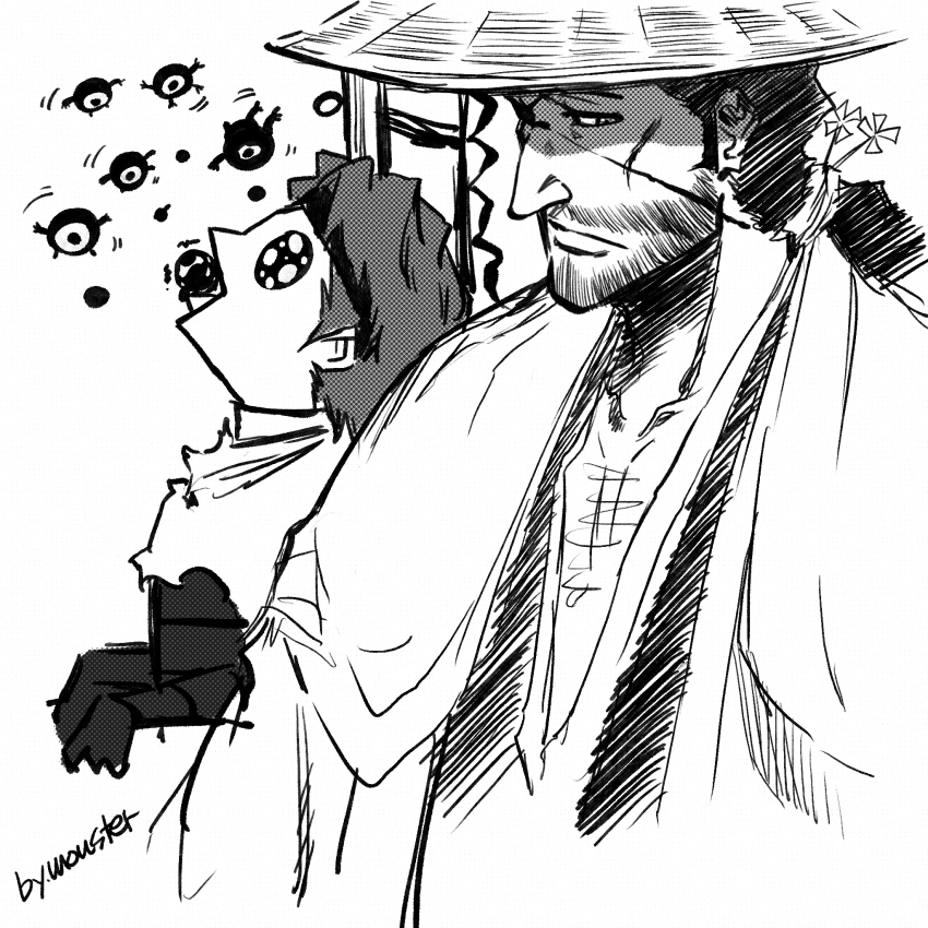 2boys aizen_sousuke black_hair bleach bleach:_sennen_kessen-hen closed_mouth commentary facial_hair from_side goku_and_vegeta_in_the_rain_(meme) greyscale hair_ornament haori hat highres japanese_clothes kanzashi kyouraku_shunsui long_hair looking_to_the_side low_ponytail male_focus mature_male meme monochrome monster_art_(rlawnsgr7) multiple_boys nose open_mouth ponytail procreate_(medium) profile short_hair simple_background sketch straw_hat stubble taichou_haori upper_body white_background