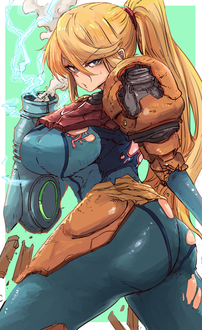 1girl absurdres arm_cannon armor ass battle_damage blonde_hair bodysuit breasts broken_armor destruction gun highres huge_breasts ishijimajirou looking_at_viewer metroid nintendo ponytail power_armor power_suit_(metroid) samus_aran smoke smoking_barrel solo super_smash_bros. torn_bodysuit torn_clothes varia_suit weapon zero_suit