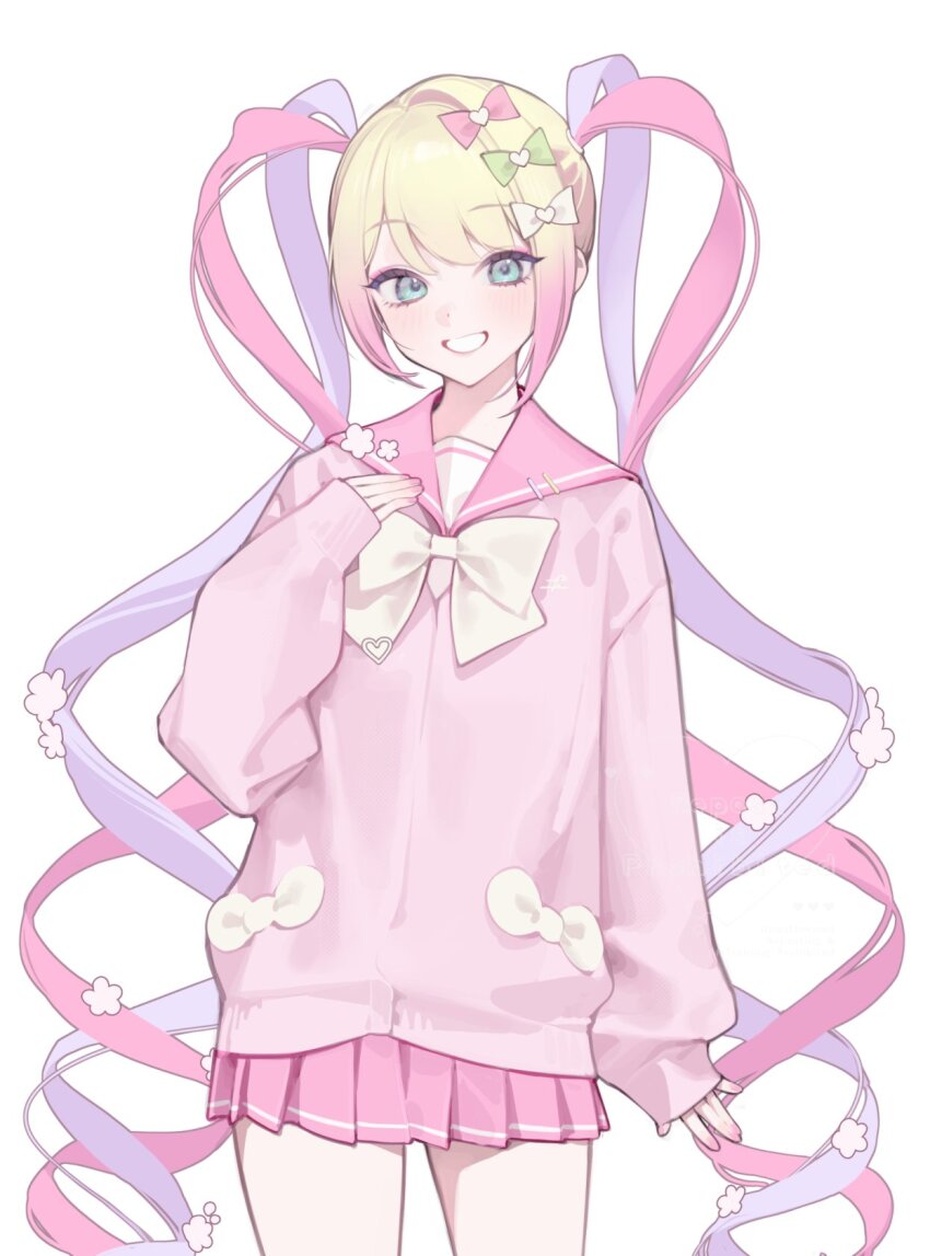 1girl blue_eyes blush bow bowtie chouzetsusaikawa_tenshi-chan cowboy_shot eyelashes fingernails gradient_hair green_bow grin hair_bow hair_ornament happy highres long_sleeves looking_at_viewer multicolored_hair nail_polish needy_girl_overdose ohisashiburi pink_bow pink_nails pink_sailor_collar pink_shirt pink_skirt pleated_skirt sailor_collar school_uniform shirt simple_background skirt smile solo standing two-tone_hair white_background white_bow white_bowtie