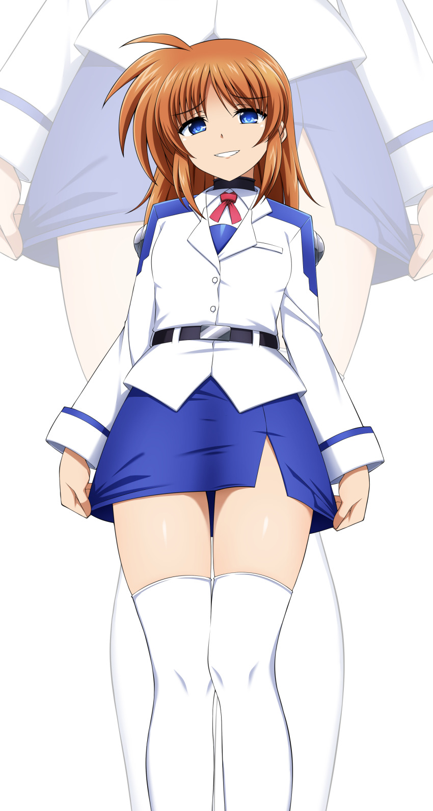 1girl absurdres adjusting_skirt alternate_hairstyle belt blue_eyes brown_hair buckle evil_grin evil_smile eyebrows_hidden_by_hair grin hair_down hair_ribbon highres long_hair long_sleeves looking_at_viewer lyrical_nanoha mahou_shoujo_lyrical_nanoha military_uniform oshimaru026 pencil_skirt red_ribbon ribbon sidelocks skirt smile solo takamachi_nanoha thighhighs tsab_air_military_uniform white_background zoom_layer