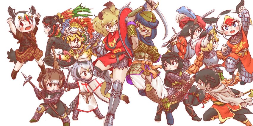 6+girls alternate_costume animal_ears animal_print arm_up armadillo_ears armor armored_boots armpits arms_up atlantic_puffin_(kemono_friends) axe battle_axe big_hair bird_girl bird_tail bird_wings black_hair black_jaguar_(kemono_friends) blonde_hair blue_eyes bodysuit boots bracer breastplate brown_hair cape chainmail chibi closed_mouth club_(weapon) commentary_request crotchless crotchless_pants dark-skinned_female dark_skin eurasian_eagle_owl_(kemono_friends) extra_ears fighting_stance full_body gauntlets giant_armadillo_(kemono_friends) giant_pangolin_(kemono_friends) greatsword grey_hair hair_between_eyes head_wings helmet highres holding holding_axe holding_club holding_polearm holding_shield holding_sword holding_weapon jaguar_(kemono_friends) leopard_print jumping kemono_friends kilt king_cobra_(kemono_friends) leaning_forward legs_apart lion_(kemono_friends) lion_ears lion_girl lion_tail long_hair long_sleeves looking_afar looking_at_another looking_at_viewer maki_(02uh14l1b740ao2) medium_hair multicolored_hair multiple_girls northern_white-faced_owl_(kemono_friends) open_mouth orange_eyes over_shoulder owl_ears pangolin_ears pants pink_hair polearm print_bodysuit puffy_long_sleeves puffy_sleeves red_eyes red_hair scimitar shield simple_background smile snake_tail squatting standing superb_bird-of-paradise_(kemono_friends) sword tail tan traditional_clothes tufted_puffin_(kemono_friends) tunic turban two-tone_hair war_hammer weapon weapon_over_shoulder western_parotia_(kemono_friends) white_background white_hair wings yellow_eyes