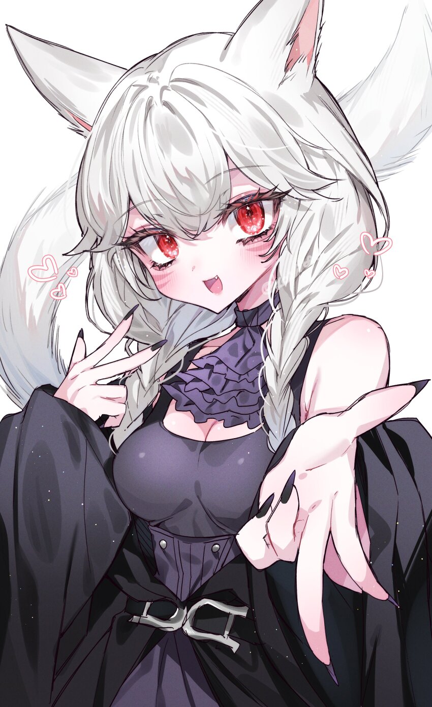 1girl absurdres animal_ears ascot bare_shoulders black_dress black_nails braid breasts cat_ears cat_girl commission double_w dress facial_mark final_fantasy final_fantasy_xiv heart highres jacket jacket_partially_removed kcc_9646 looking_at_viewer miqo&#039;te red_eyes skeb_commission sleeveless sleeveless_dress solo twin_braids twitter_username w warrior_of_light_(ff14) whisker_markings white_hair