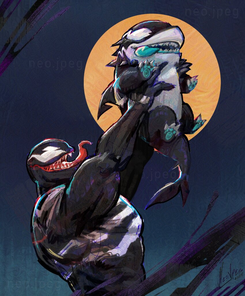 1boy absurdres animal_print highres jeff_(marvel) long_tongue male_focus marvel marvel_rivals monster_boy moon muscular muscular_male neo_jpeg open_mouth sharp_teeth smile spider-man_(series) spider_print superhero_costume symbiote teeth tongue venom_(marvel) very_long_tongue