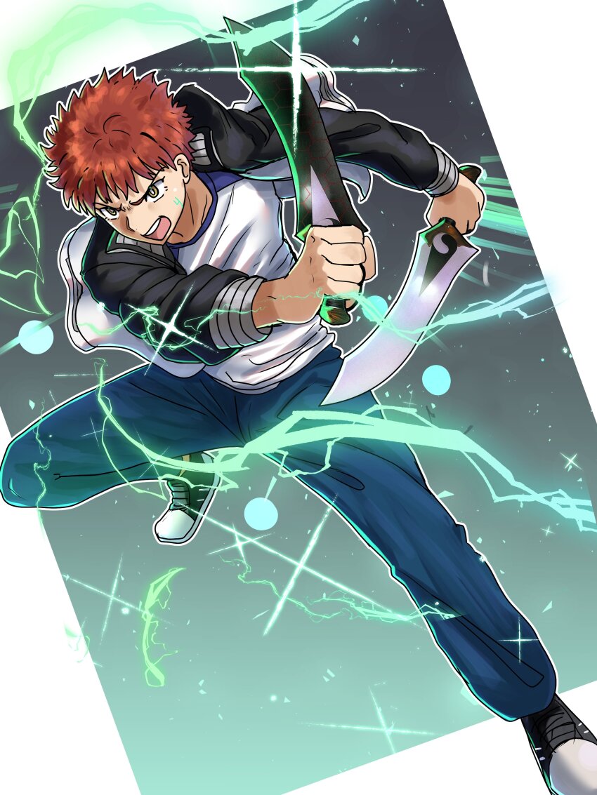 1boy absurdres command_spell ebora emiya_shirou fate/stay_night fate_(series) highres igote kanshou_&amp;_bakuya_(fate) magic_circuit orange_hair raglan_sleeves red_hair unlimited_blade_works_(reality_marble)