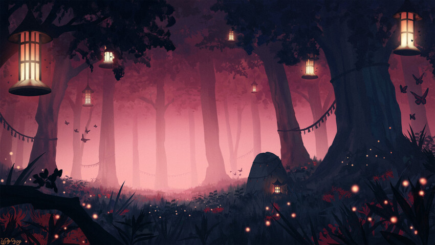 bug butterfly commission fantasy fireflies fog forest grass insect landscape lantern light_particles magic nature no_humans original painterly rock rope scenery shimenawa tree wopgnop