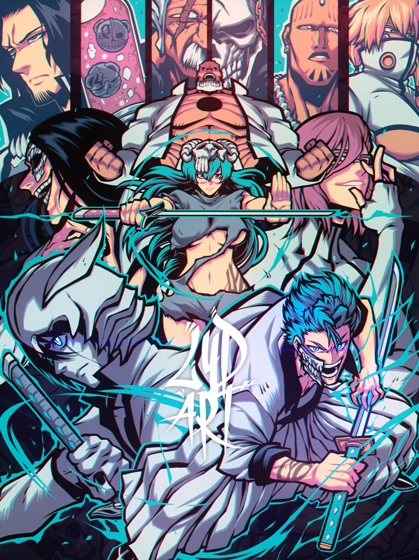 2girls aaroniero_arruruerie abs arrancar bald baraggan_louisenbairn beard black_eyes black_hair black_nails bleach blue_eyes blue_hair breasts broken_mask clenched_hand closed_mouth coyote_starrk earrings facial_hair facial_mark glasses green_eyes green_hair grimmjow_jaegerjaquez hair_between_eyes hakama highres holding holding_sword holding_weapon hole_in_chest hole_on_body jacket japanese_clothes jar jewelry large_breasts long_hair lydart_mclo mask multiple_boys multiple_girls mustache navel nelliel_tu_odelschwanck nnoitra_gilga old old_man open_clothes open_jacket open_mouth pale_skin pants pectorals pink_hair revealing_clothes scar scar_across_eye scar_on_face shirt skeleton skull slit_pupils stomach sword szayelaporro_granz teeth tier_harribel torn_clothes ulquiorra_cifer underboob weapon white_hakama white_pants white_shirt yammy_llargo yellow_eyes zommari_rureaux