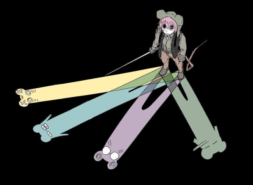 1boy black_vest commentary_request different_shadow from_above green_jacket highres holding holding_needle holding_weapon jacket kinder_surprised_michael_jr. looking_at_viewer military_uniform mouse_boy mouse_hat mouse_tail needle pink_hair present_day_problem_takeuchi_robert randal&#039;s_friends ratman_3_(randal&#039;s_friends) ratman_4_(randal&#039;s_friends) ratman_5_(randal&#039;s_friends) sewing_needle short_hair standing tail teardrop tsukasa_(tsukasa_mimizuku) vest weapon