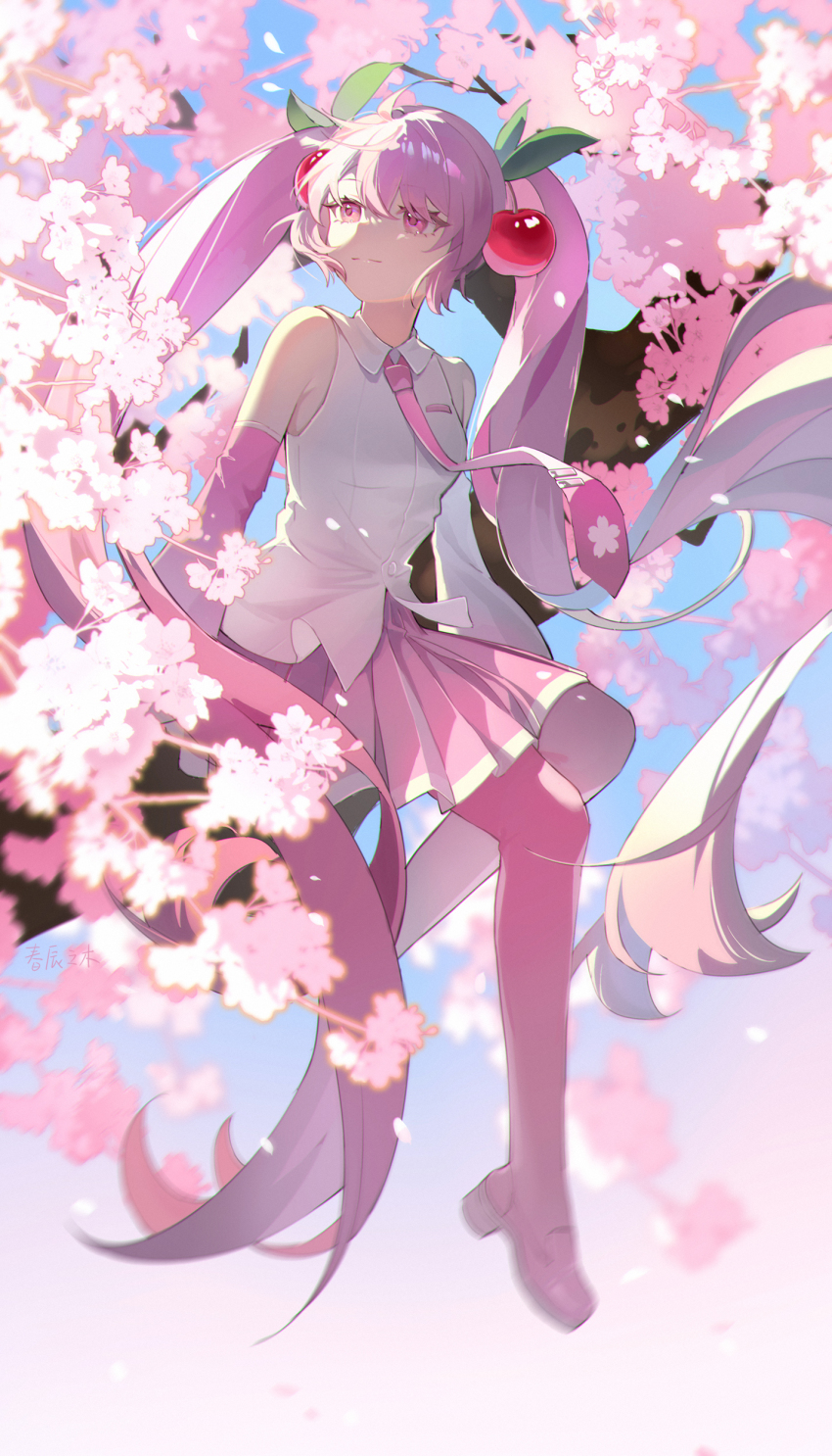 1girl absurdres ai_wan_de_you_you bare_shoulders boots cherry_blossoms cherry_hair_ornament closed_mouth detached_sleeves food-themed_hair_ornament hair_between_eyes hair_ornament hatsune_miku highres long_hair looking_to_the_side necktie pink_boots pink_eyes pink_hair pink_necktie pink_skirt pink_sleeves sakura_miku shirt sidelocks skirt smile solo thigh_boots twintails vocaloid white_shirt