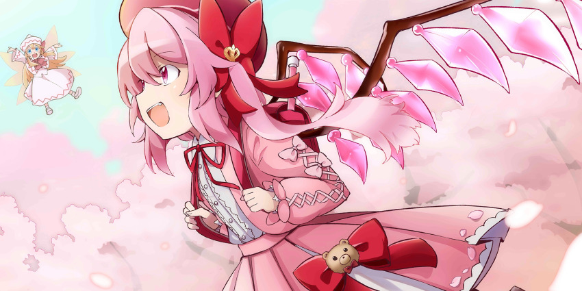 2girls alternate_color alternate_costume alternate_eye_color alternate_hair_color alternate_headwear bag blonde_hair blue_eyes bow bowtie capelet cherry_blossoms collared_shirt crystal crystal_wings dress fairy fairy_wings falling_petals flandre_scarlet flandre_scarlet_(vibrant_sister_of_the_devil) flute flying game_cg hair_bow hat hat_bow highres instrument jacket lily_white long_hair long_sleeves multiple_girls neck_ribbon official_art open_clothes open_jacket open_mouth orange_wings outdoors petals pink_eyes pink_hair pink_petals pink_skirt pleated_skirt recorder red_bag red_bow red_bowtie red_ribbon ribbon school_bag school_uniform shirt skirt smile stuffed_animal stuffed_toy teddy_bear third-party_source touhou touhou_lostword very_long_hair white_capelet white_dress white_hat white_shirt wings yutamaro