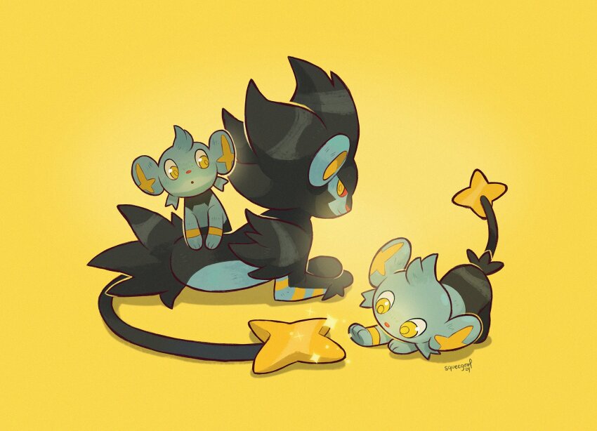black_fur blue_fur evolutionary_line gen_4_pokemon highres luxray nintendo no_humans pokemon pokemon_(creature) shinx signature squeegool two-tone_fur yellow_background yellow_eyes