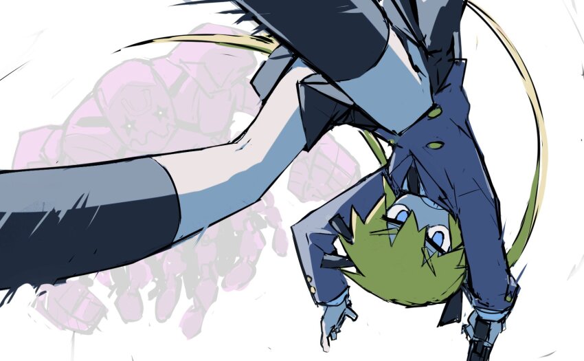 1girl black_skirt black_socks blonde_hair blue_eyes character_request clenched_teeth commentary_request crossover gun hair_between_eyes hair_ribbon handgun highres holding holding_gun holding_weapon jacket jojo_no_kimyou_na_bouken kill_me_baby kneehighs long_hair long_sleeves ribbon school_uniform simple_background skirt socks sonya_(kill_me_baby) teeth tusk_(stand) tusk_act4 twintails upside-down weapon white_background yachima_tana