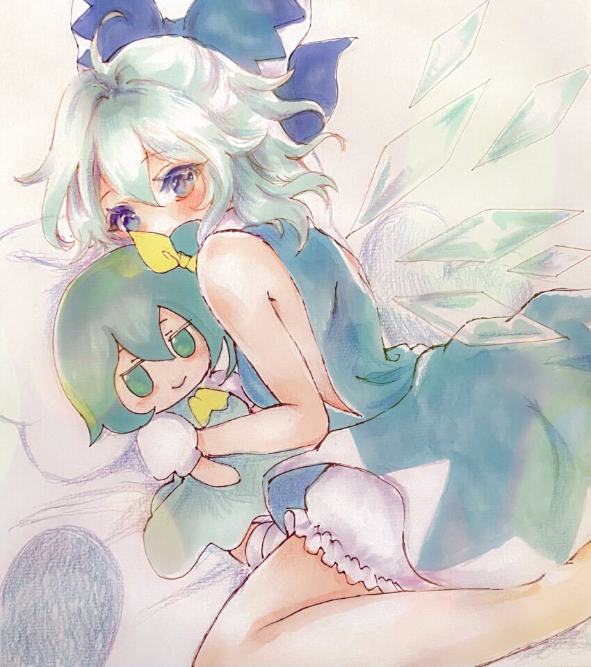 1girl adapted_costume ahoge armpit_crease bare_arms bare_legs bare_shoulders barefoot bloomers blue_bow blue_dress blue_eyes blue_hair bow character_doll cirno covered_mouth daiyousei double-parted_bangs dress feet_out_of_frame frills from_side fumo_(doll) hair_between_eyes hair_bow highres ice ice_wings looking_at_viewer looking_to_the_side messy_hair sahanna short_hair solo touhou underwear wings