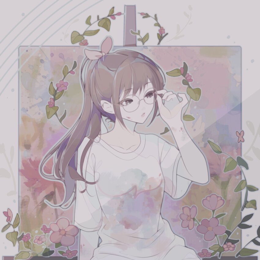 1girl absurdres adjusting_eyewear arm_at_side bespectacled bloom_festival_(project_sekai) bow breasts brown_eyes brown_hair canvas_(object) collarbone commentary facing_viewer flower glasses hair_bow hand_up high_ponytail highres long_hair looking_to_the_side medium_breasts official_alternate_costume official_alternate_hair_length official_alternate_hairstyle oogypng paint_splatter paint_splatter_on_face parted_lips pink_flower plant ponytail project_sekai round_eyewear shinonome_ena shirt short_sleeves sidelocks solo swept_bangs symbol-only_commentary upper_body white_shirt wide_sleeves