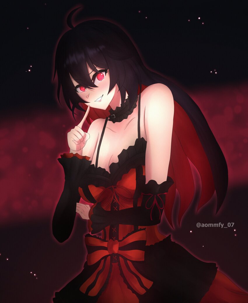 1girl absurdres ahoge aommfy_07 bare_shoulders black_hair breasts cleavage colored_inner_hair commentary commission cosplay date_a_live detached_sleeves dress english_commentary goth_fashion grin highres honkai_(series) honkai_impact_3rd long_hair medium_breasts multicolored_hair red_dress red_eyes red_hair seele_(alter_ego) seele_vollerei smile solo tokisaki_kurumi tokisaki_kurumi_(cosplay) twitter_username two-tone_background two-tone_hair