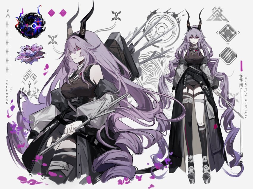 1girl arknights artist_name asymmetrical_legwear bare_shoulders black_hairband black_horns black_socks black_thighhighs breasts closed_mouth concept_art flower grey_background hair_between_eyes hairband highres holding horns kneehighs long_hair looking_at_viewer medium_breasts multiple_views off_shoulder pink_eyes potettoe purple_flower purple_hair single_kneehigh single_sock single_thighhigh socks standing thighhighs typhon_(arknights) uneven_legwear very_long_hair