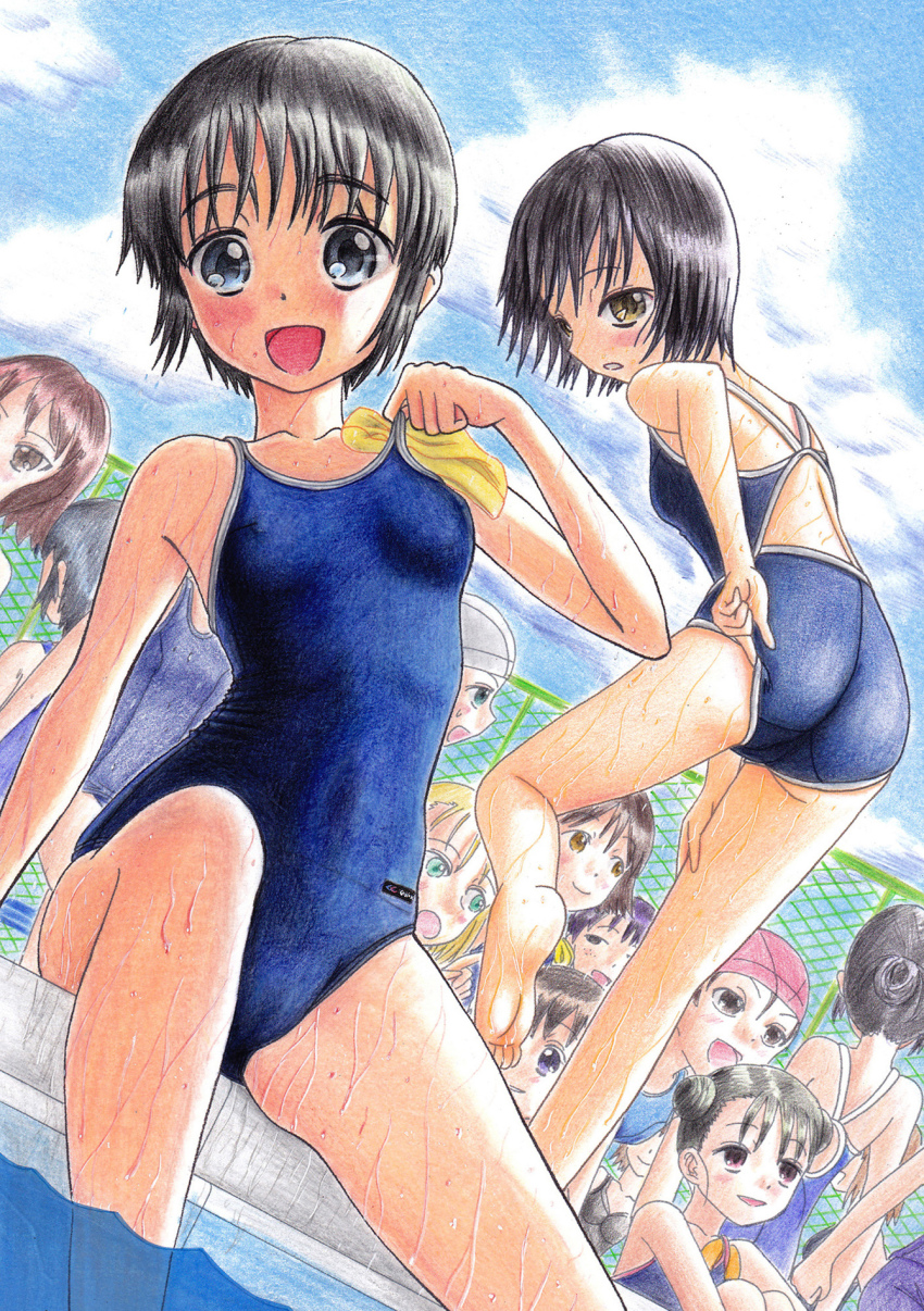 6+girls ass bare_legs barefoot black_hair blush commentary_request competition_school_swimsuit covered_erect_nipples double_bun hair_bun hidaka_medaka highres looking_at_viewer multiple_girls object_in_clothes object_in_swimsuit open_mouth school_swimsuit swim_cap unworn_swim_cap swimsuit wet