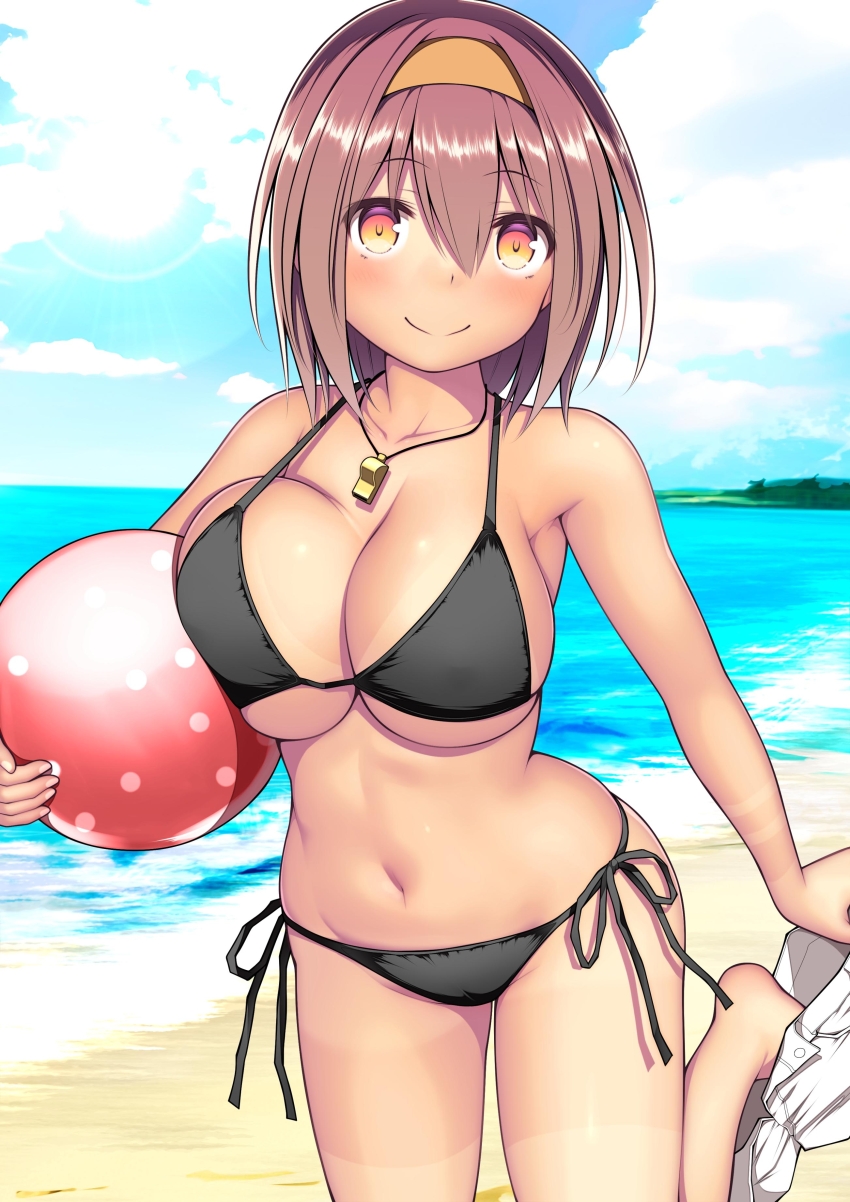 1girl absurdres ball barefoot beach beachball bikini bikini_tan black_bikini blue_sky blush breasts brown_hair closed_mouth clothes_pull cloud day hair_between_eyes hairband highres holding holding_ball holding_beachball kantai_collection kuromayu large_breasts looking_at_viewer ocean orange_hairband outdoors shiratsuyu_(kancolle) short_hair shorts shorts_pull side-tie_bikini_bottom sky smile solo swimsuit tan tanline water whistle whistle_around_neck white_shorts