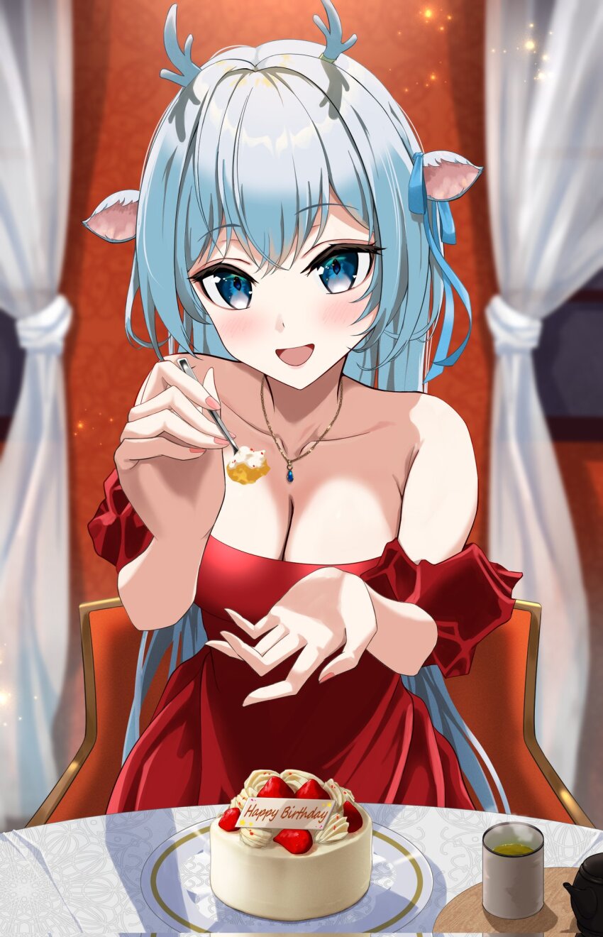 1girl animal_ears antlers azuki_(azuki_azukki) bare_shoulders blue_eyes blue_hair cake collarbone corrupted_twitter_file cup deer_antlers deer_ears dress food green_tea hakushika_iori happy_birthday highres holding_utensil horns jewelry long_hair necklace off-shoulder_dress off_shoulder open_mouth phase_connect pink_nails plate red_dress second-party_source solo table tea virtual_youtuber
