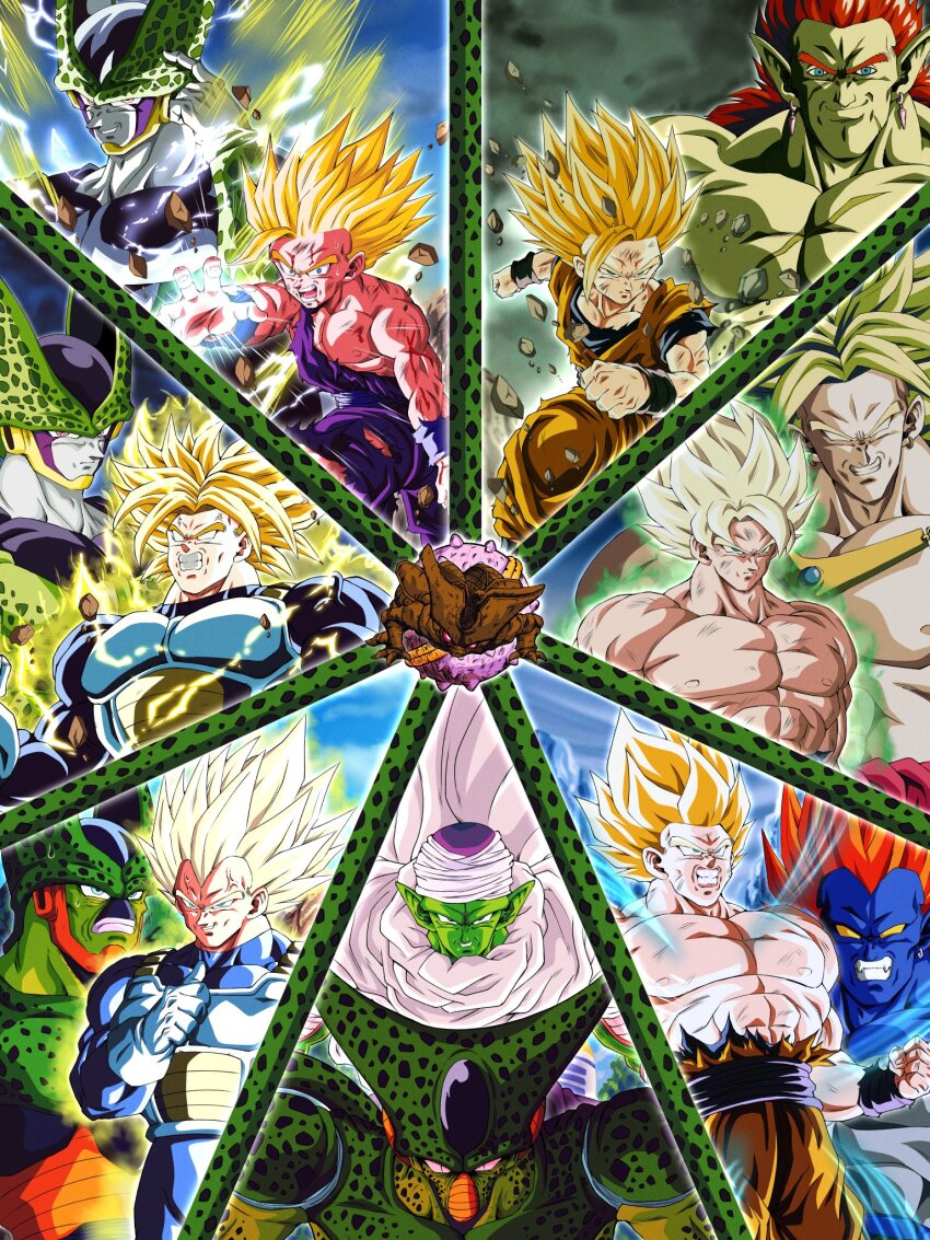 6+boys android_13 angry armor blonde_hair bojack broly_(dragon_ball_z) caps cell_(dragon_ball) creature dragonball_z earrings evil_grin evil_smile gloves grin highres jewelry looking_at_another looking_at_viewer multiple_boys piccolo red_hair serious smile smug son_gohan son_goku standing trunks_(dragon_ball) trunks_(future)_(dragon_ball) vegeta yellow_eyes