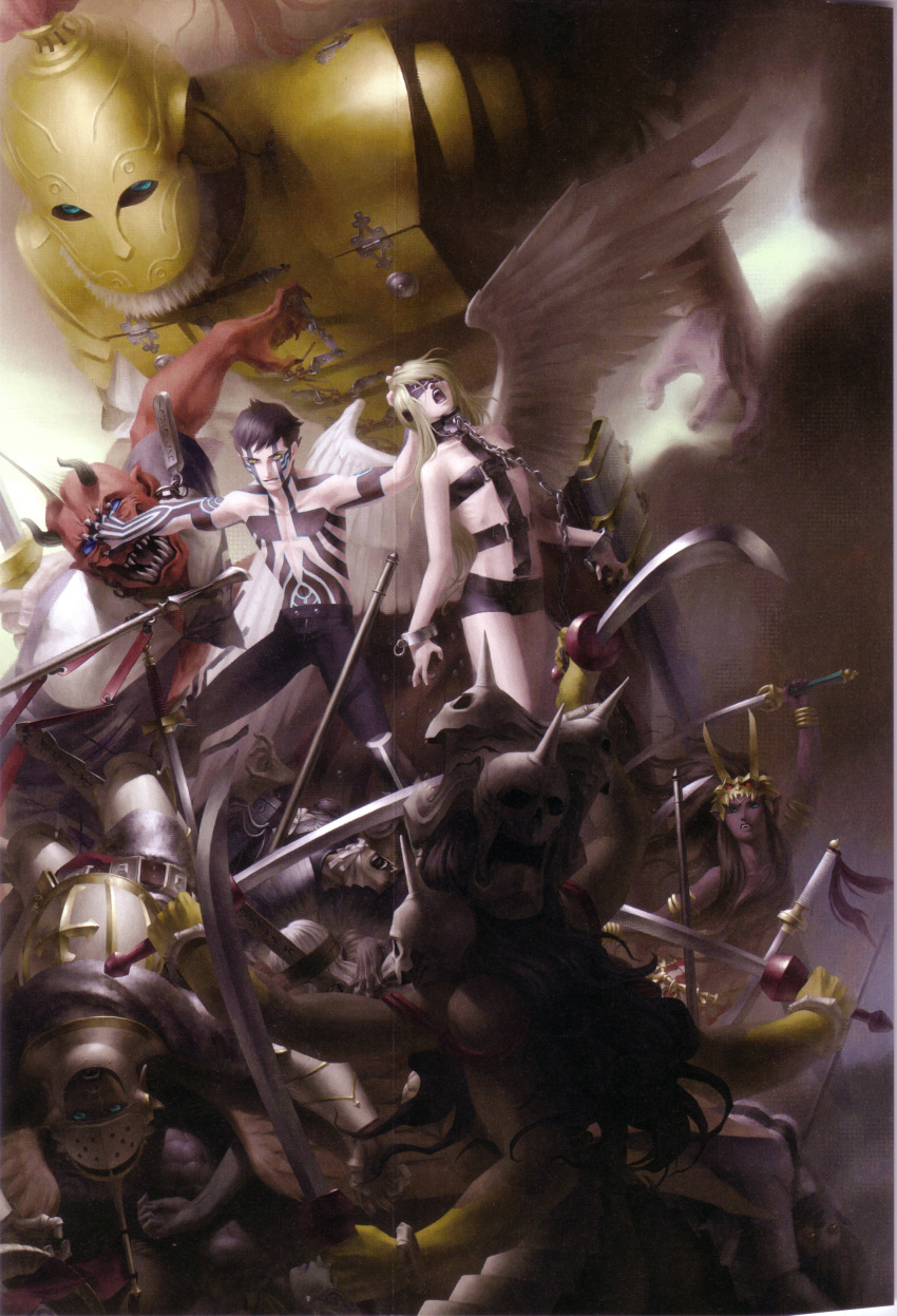 1girl 6+boys absurdres angel angel_(megami_tensei) angel_wings archangel_(megami_tensei) ares atlus black_hair bondage_outfit colored_skin epic fighting full-body_tattoo grabbing_another&#039;s_hair highres demi-fiend kazuma_kaneko male_focus multiple_boys non-web_source official_art oni oni_(megami_tensei) pile_of_corpses red_skin scan shin_megami_tensei shin_megami_tensei_iii:_nocturne shorts sword taraka tattoo titan topless_male weapon wings yaksini