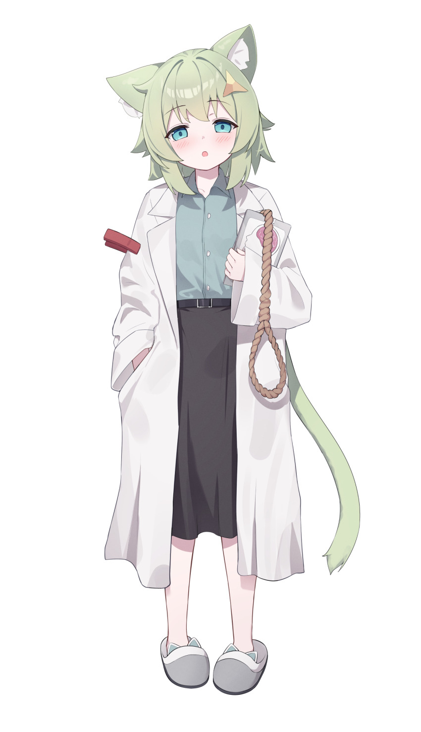 1girl absurdres animal_ears animal_slippers aqua_eyes aqua_shirt belt bitseon black_belt black_skirt borrowed_character cat_ears cat_girl cat_tail clipboard coat commentary english_commentary expressionless gallows green_hair grey_shoes hair_ornament hand_in_pocket highres holding holding_clipboard lab_coat long_sleeves looking_at_viewer open_mouth original shirt shoes short_hair sidelocks simple_background skirt slippers solo tail triangle_hair_ornament white_background white_coat wide_sleeves
