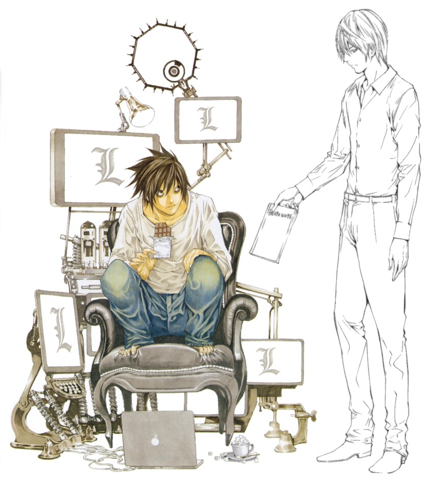 2boys absurdres bags_under_eyes barefoot black_hair candy chair chocolate chocolate_bar cup death_note death_note_(object) denim fingernails food highres jeans l_(death_note) lamp multiple_boys no_eyebrows obata_takeshi official_art on_chair pants plate sanpaku shirt spiked_hair squatting teacup toenails toes white_shirt yagami_light