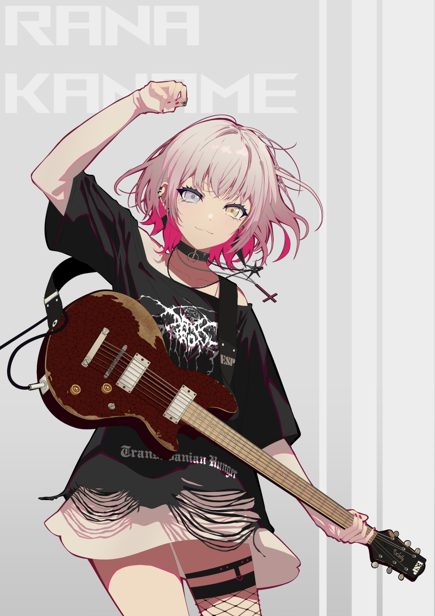 1girl :3 absurdres bang_dream! bang_dream!_it&#039;s_mygo!!!!! black_choker black_metal black_shirt blue_eyes character_name chinese_commentary choker colored_inner_hair commentary_request darkthrone ear_piercing earclip earrings electric_guitar fishnet_thighhighs fishnets glitch guitar heavy_metal heterochromia highres holding holding_plectrum instrument inverted_cross_necklace jewelry kaname_raana layered_sleeves long_sleeves looking_at_viewer misaki_(xxxhackerxxxxx) multicolored_hair nail_polish piercing pink_hair pink_nails playing_guitar playing_instrument plectrum shirt short_hair short_over_long_sleeves short_sleeves single_thighhigh sleeves_past_wrists solo thighhighs white_hair white_shirt yellow_eyes