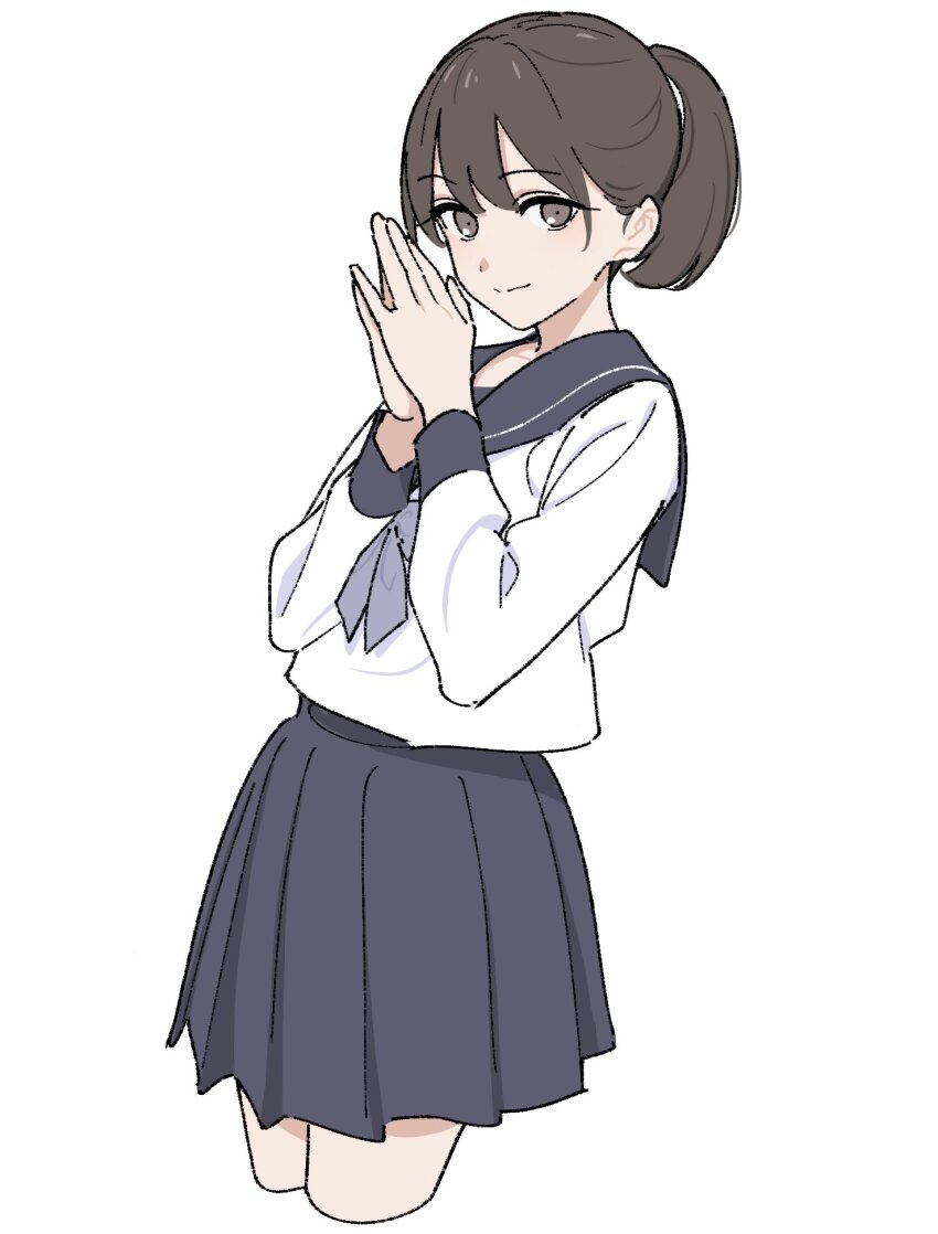1girl blue_sailor_collar blue_skirt breasts brown_eyes brown_hair closed_mouth hair_between_eyes highres kashiwa_(iersansi) long_sleeves looking_at_viewer original sailor_collar school_uniform shirt short_hair simple_background skirt smile solo white_background white_shirt