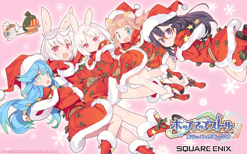 5girls animal_ears blade_(galaxist) blue_eyes blue_hair blush boots cat child christmas eve_ainsworth fangs farfalia gradient_hair green_eyes green_hair hat highres kirara_ookami lion_ears mary_lane multicolored_hair multiple_girls official_art official_wallpaper open_mouth pink_hair pop-up_story purple_eyes purple_hair rabbit_ears rabbit_girl red_eyes ruri_ookami santa_costume santa_hat shiroe_adele siblings sisters smile white_hair