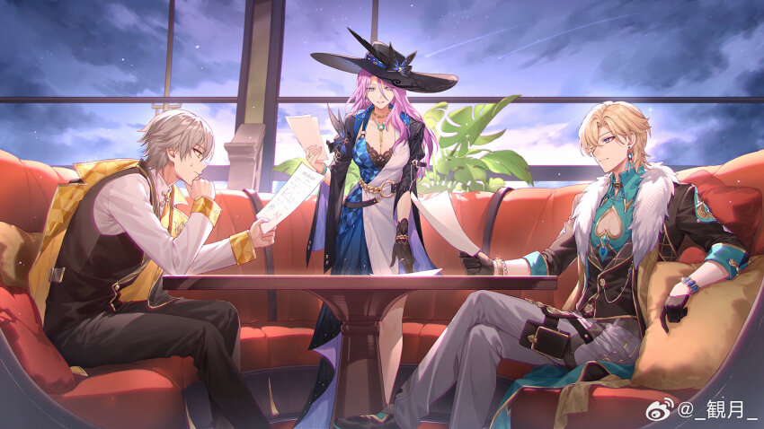 1girl 2boys alternate_costume aventurine_(honkai:_star_rail) belt black_gloves black_pants black_vest blonde_hair blue_dress blue_eyes breasts caelus_(honkai:_star_rail) cleavage coat couch crossed_legs curtains dress earrings fur_trim gloves grey_hair hat highres holding holding_paper honkai:_star_rail honkai_(series) indoors jacket jade_(honkai:_star_rail) jewelry kangetsu_(fhalei) long_hair long_sleeves multiple_boys pants paper pink_eyes pink_hair plant purple_eyes purple_hair shirt short_hair sitting smile table trailblazer_(honkai:_star_rail) vest weibo_username white_hair white_shirt window yellow_eyes
