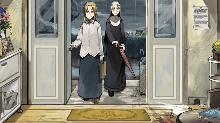 5girls bag bird black_shoes blonde_hair blue_eyes blue_skirt blue_umbrella book brown_shoes chicken clumsy_nun_(diva) commentary diva_(hyxpk) duck english_commentary english_text flower green_umbrella grey_hair hedge highres holding holding_bag holding_umbrella little_nuns_(diva) mother_and_daughter motion_blur multiple_girls note nun photo_(object) rain red_umbrella shirt shoes skirt smug_nun_(diva) strict_nun&#039;s_mother_(diva) strict_nun_(diva) traditional_nun umbrella white_shirt